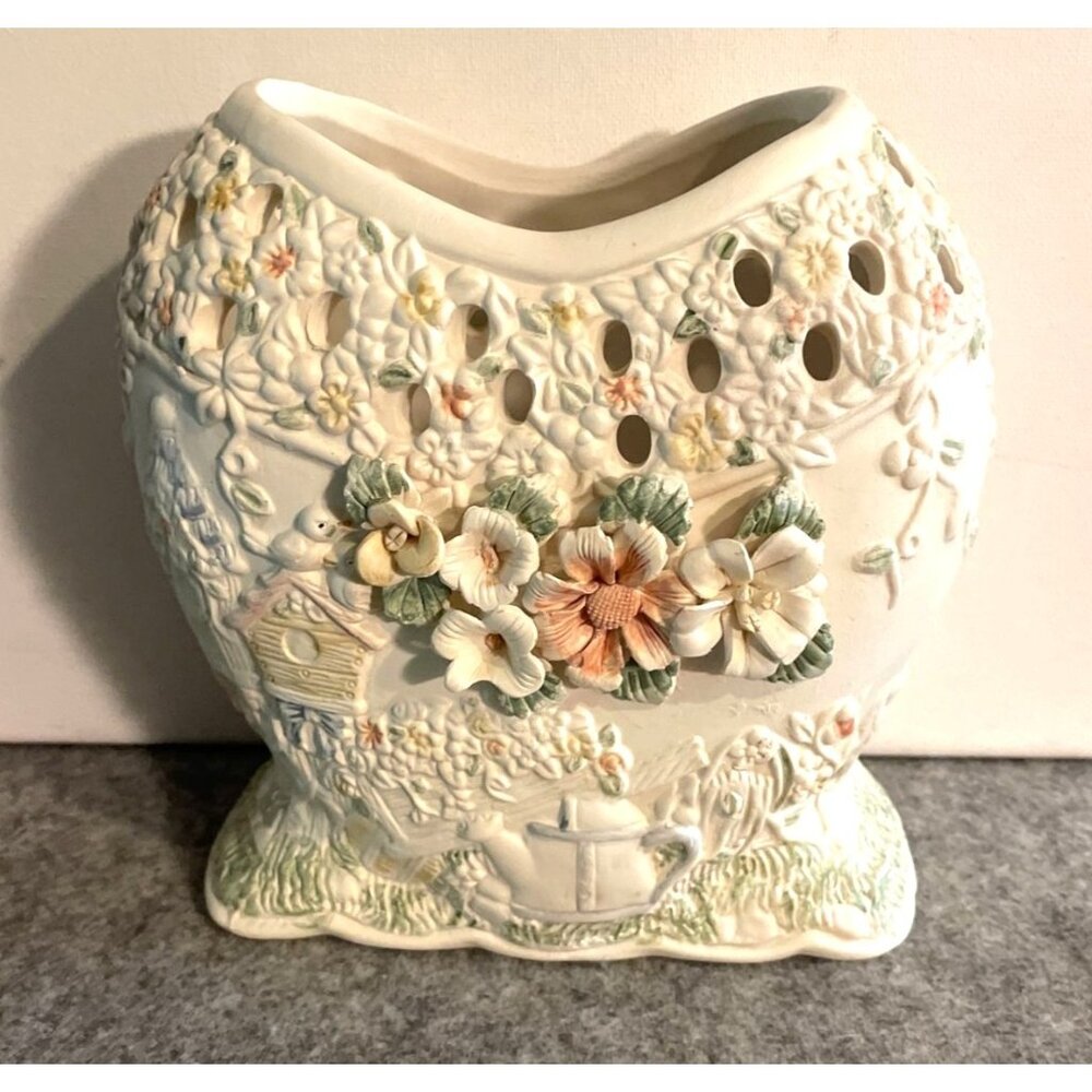 Cream Colored Vase with Porcelain Flowers 6 x 6  #1907